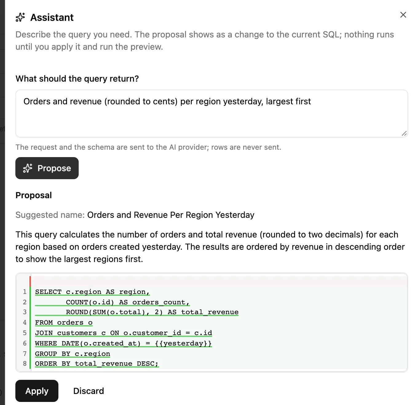 The Rowbird assistant proposing SQL for orders and revenue per region yesterday, rounded to cents, with an explanation and a diff.