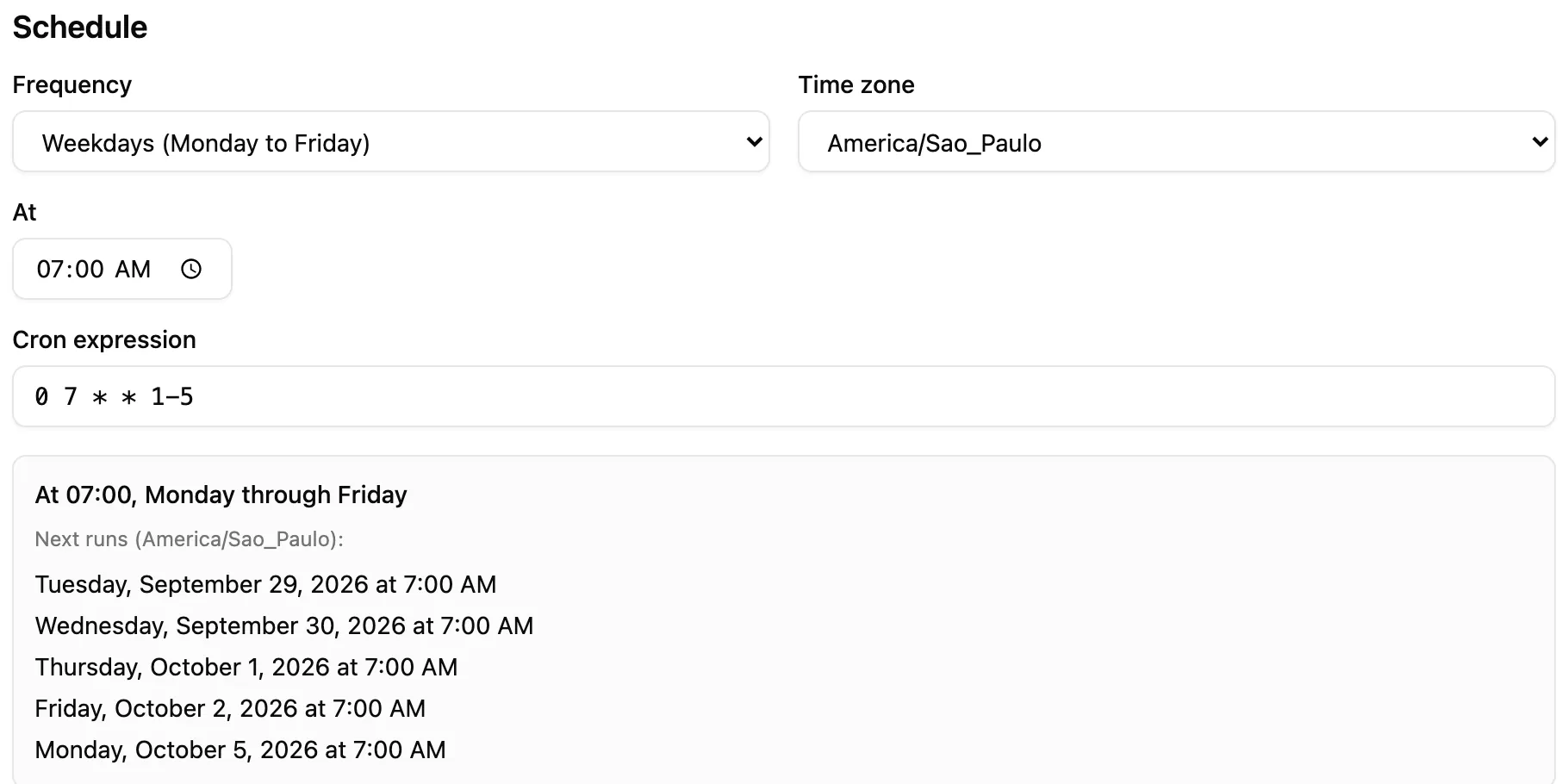 The report schedule: weekdays at 07:00 in America/Sao_Paulo, the cron expression, and the next five runs.